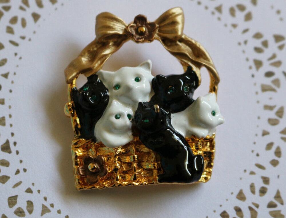 New Enamel & Crystal Black Cat White Cat & Gold Cat Kittens in Basket Pin Brooch